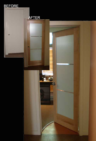 Modern office door with frosted glass and maple wood frame